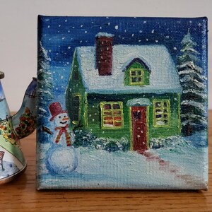 Winter Cottage Oil Painting & Holiday Card Set: Snowman By Cottage Art Decor