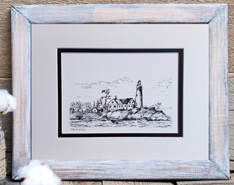 Coastal lighthouse nautical pen & ink art print sketch, monotone wall art black and white rocky shoreline peninsula ocean coast, desk accent