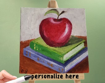 Teacher appreciation 4x4 small original oil painting & wooden easel stand, educator recognition, love, respect, thank you, end of year gift