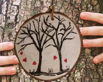 Red heart leaves fall from trees, rustic wood disc ornament, hand painted oil painting, sweet love wall art, window, door display