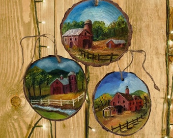 Red barn in country field classic rustic wood disc oil painting landscape wall art ornament, old farmhouse door, patio, window decor, gift