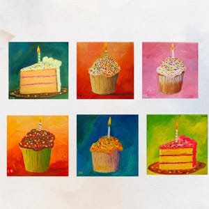 May include: A collection of six square paintings featuring birthday treats. The images include slices of cake and cupcakes, each topped with colorful sprinkles and a single lit candle. The backgrounds are vibrant, solid, and multi-colored.