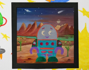 Children's outer space alien robot 8x8 hand painted canvas cute fantasy world comets, planet, stars, mountain kids wall art, bookshelf decor