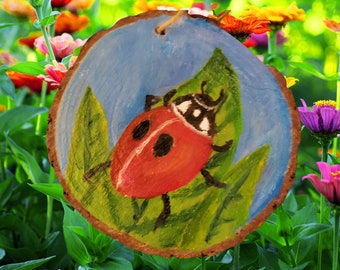 Lucky ladybug on garden leaf hand painted oil painting on wood log disc, small wall art hangs on door window patio & car, bold nature colors