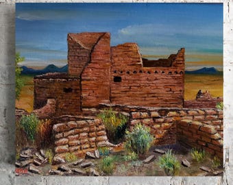 Puye Cliff Dwellings Oil Painting, 8x10 Southwest Desert Landscape, Ancient Pueblo Wall Art