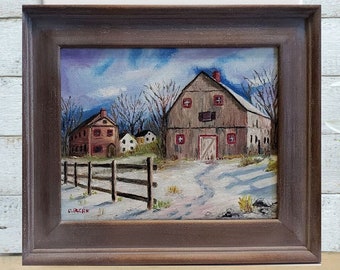 Rural country village with rustic old town barn 8x10 oil on canvas, snow covered calm nature landscape hanging wall art in frosted frame