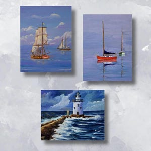 6 Pack Maritime Blank Greeting Card Art Prints, Ocean Water, Lighthouse, Ships, Sailboats, Blue Coastal Art, Hand Painted Any Occasion Cards