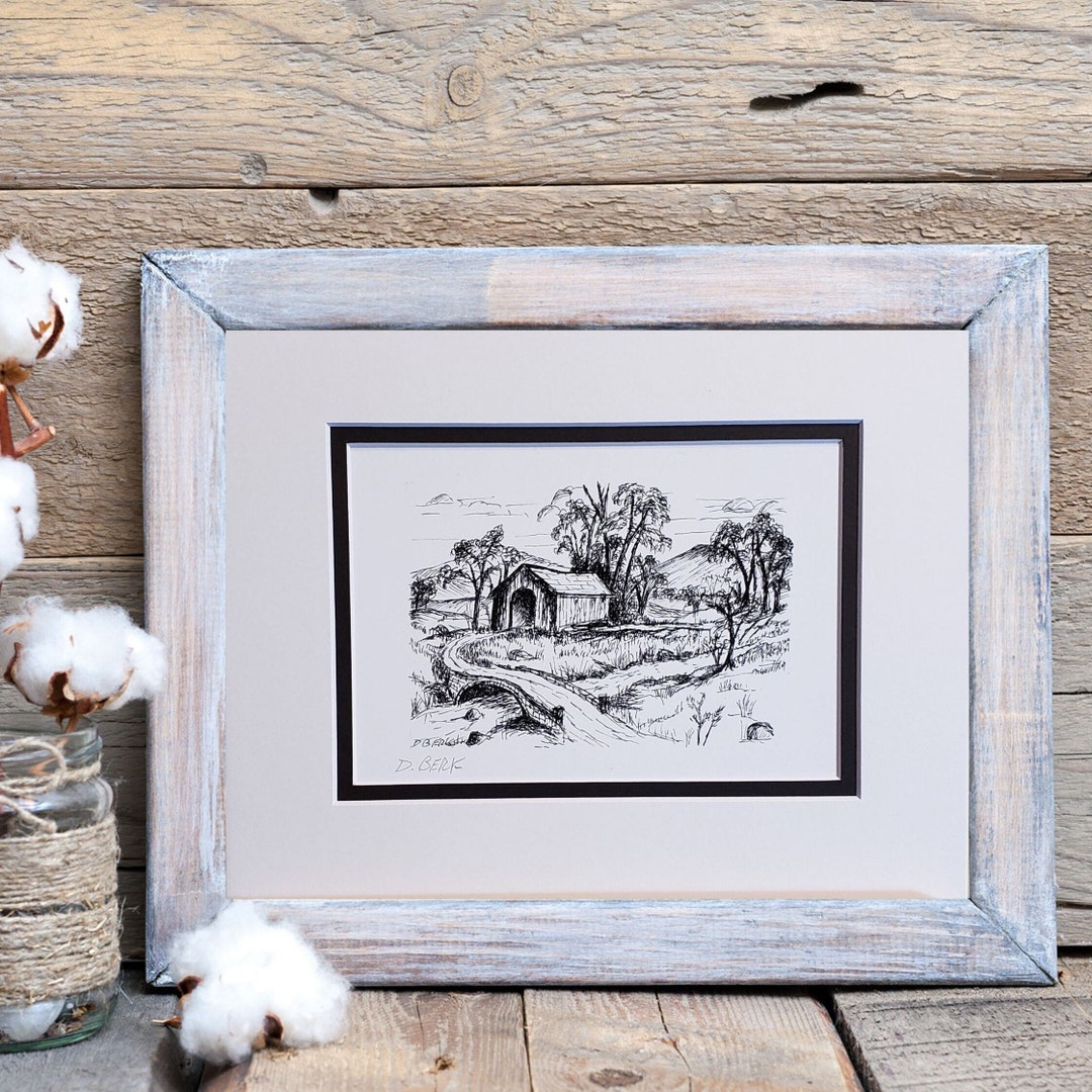 Covered Bridge in Hillside Field Art Print, Original Ink Drawing in ...