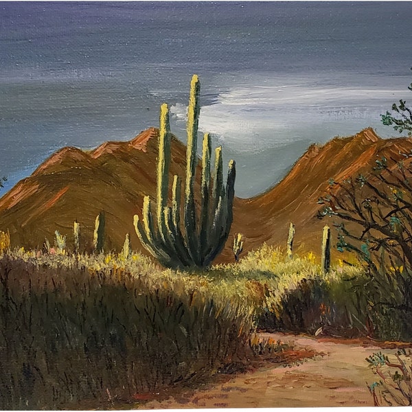 Organ pipe cactus shines in southwest Arizona mountain desert, 8x10 oil on canvas nature landscape, wall art, desk, shelf, tabletop display