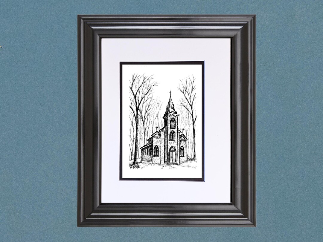Little Church Ink Drawing, Pen & Ink Country Church Wall Art Decor ...
