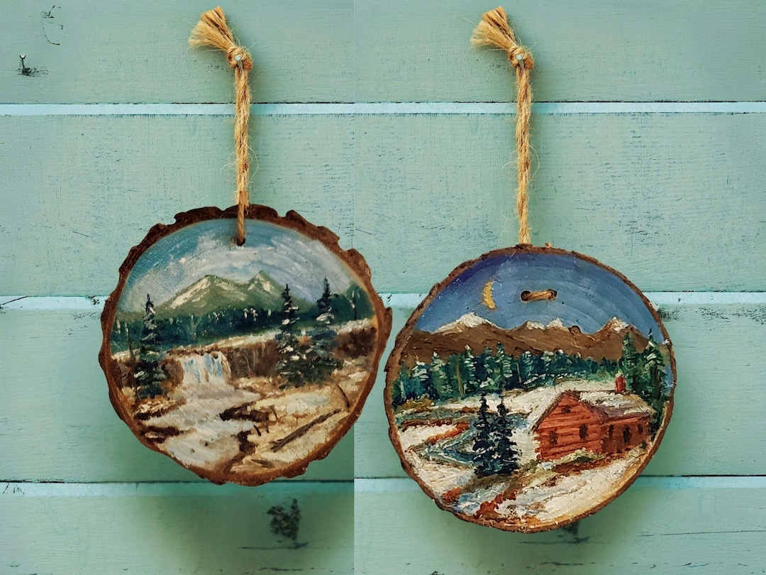 Rustic Red Log Cabin Hand Painted Wooden Circle Ornaments Waterfall rustic-red-log-cabin-hand-painted-wooden-circle-ornaments-waterfall