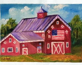 Patriotic red barn with big American flag, 5x7 hand painted canvas, country meadow field pasture, old farm wall art, tabletop, desk display