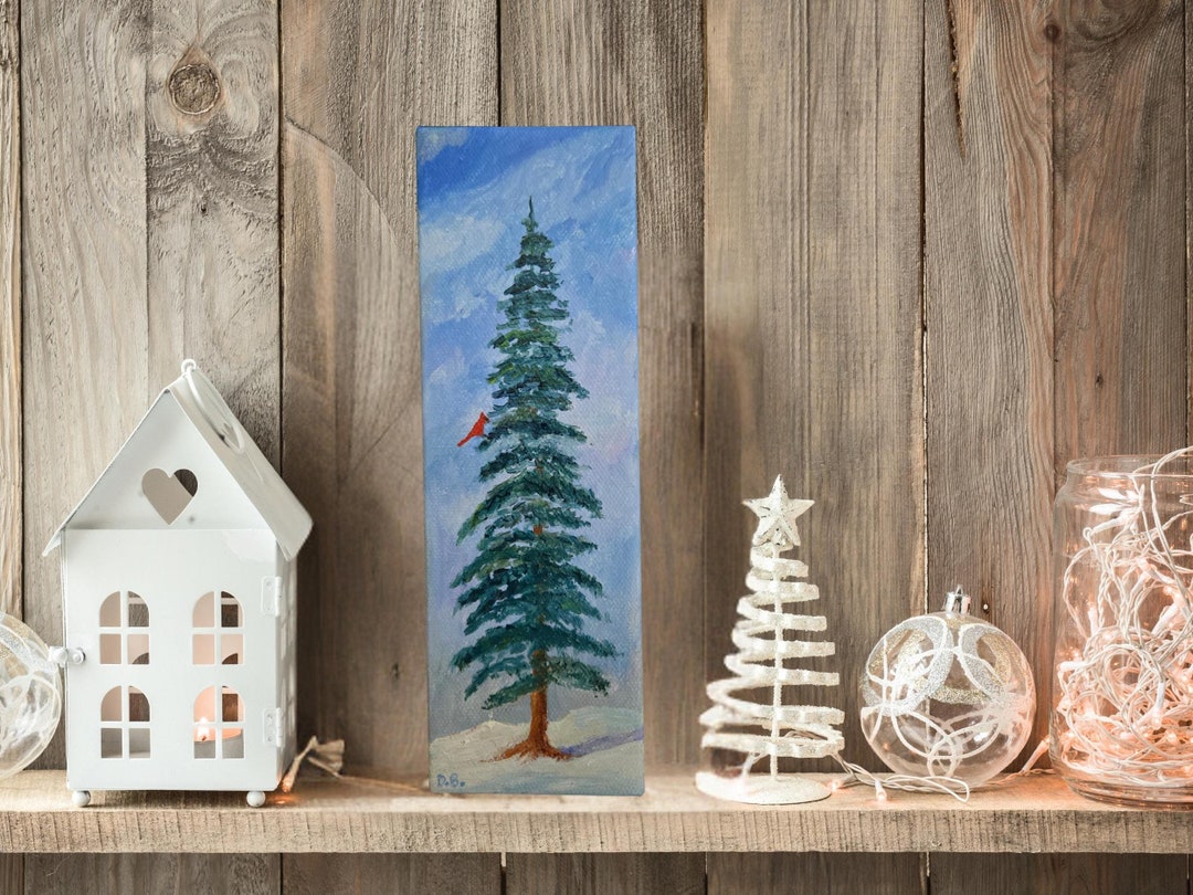 Tiny Red Cardinal in Tall Wispy Winter Pine Tree Wall Art 4x10 Canvas ...