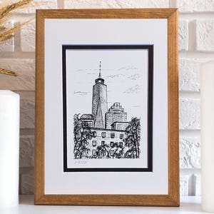 New York City skyline minimalist ink drawing wall art print matted 8x10 urban NY city 1 World Trade Center iconic NYC architecture art print