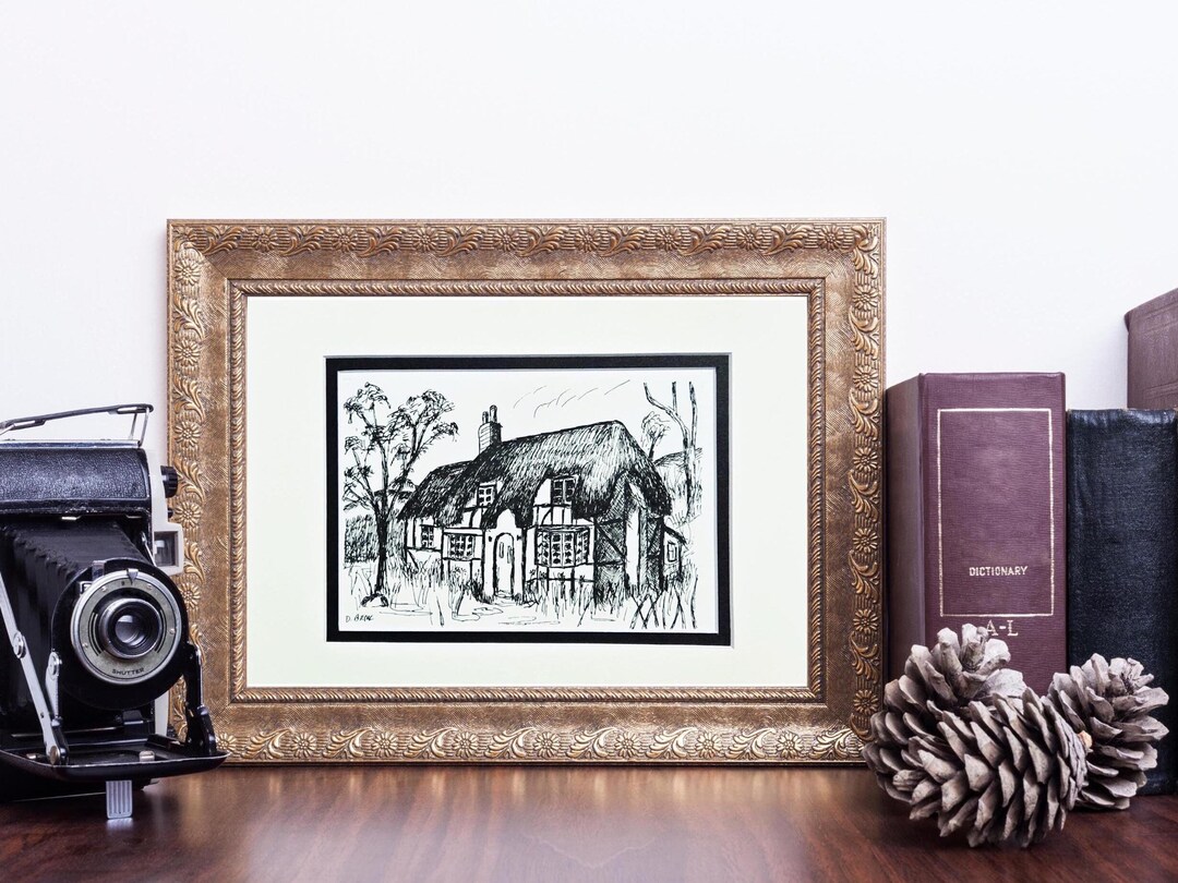 Classic Thatched Cottage Original Pen & Ink Print Sketch Art Matted ...