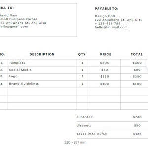 Puede incluir: Factura con una tabla que enumera la descripción, la cantidad, el precio y el total para una plantilla, redes sociales, un logotipo y directrices de marca. El subtotal es de 730 €, el descuento es de 50 € y los impuestos son de 136 €.