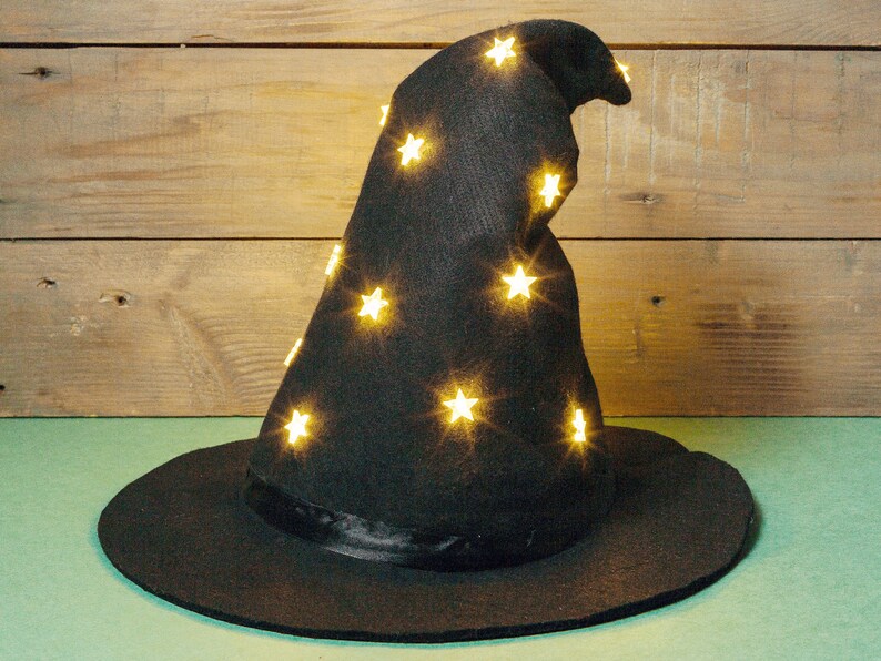 Led lighted witch hat Felt wizard hat with wide brim Black Etsy
