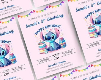 Modello di invito per festa di compleanno Stitch modificabile, invito di compleanno a fumetti, invito per festa di compleanno Stitch in piscina, invito di compleanno Stitch