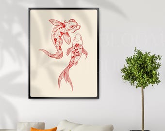Red Koi Print, Japanese Print, Vintage Print, Printable Wall Art, Trendy Wall Art, Aesthetic Wall Art, Japanese Art Print, Koi Fish Print