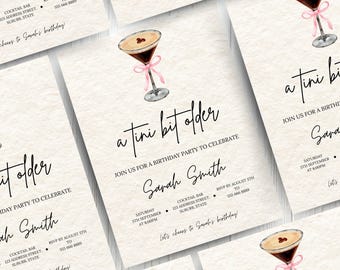 A Tini Bit Older Coquette Birthday Invitation Template | Espresso Martini Cocktail Theme | Bow Coquette Invite | Editable Party Invite