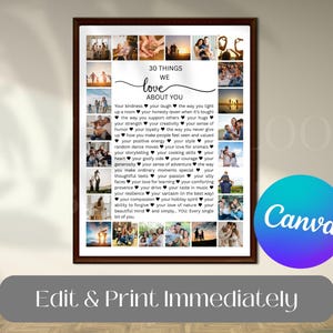 Peut inclure: Une impression encadrée avec un collage de photos et de texte. Le texte dit "30 choses que nous aimons chez toi" avec une liste de qualités. Le logo Canva est visible. La phrase "Edit & Print Immediately" est en bas.