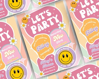 Invito di compleanno modificabile con faccina sorridente retrò, invito di compleanno retrò alla moda, invito con emoji, festa per adolescenti, compleanno per adolescenti, compleanno per ragazze di qualsiasi età
