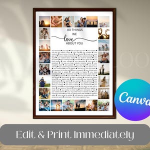 Könnte beinhalten: Ein gerahmter Druck mit einer Collage aus Fotos und Text. Der Text lautet "80 Dinge, die wir an dir lieben". Der Druck befindet sich in einem dunkelbraunen Rahmen und enthält den Text "Sofort bearbeiten und drucken."