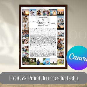 Puede incluir: Una impresión enmarcada con un collage de fotos familiares y el texto "70 Things We Love About You". La impresión tiene un marco marrón oscuro e incluye el texto "Edit & Print Immediately" en la parte inferior. Un logotipo de Canva es visible a la derecha.