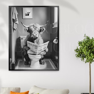 Highland Cow Sitting on the Toilet Reading a Newspaper, Funny Bathroom Wall Decor, Funny Animal Print, Home Printables, AI Digital Art