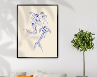 Blue Koi Print, Japanese Print, Vintage Print, Printable Wall Art, Trendy Wall Art, Aesthetic Wall Art, Japanese Art Print, Koi Fish Print