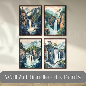 Hokusai Ukiyo-e Japanese Waterfall Wall Art Landscape Poster Print Blue Green Japanese Home Decor