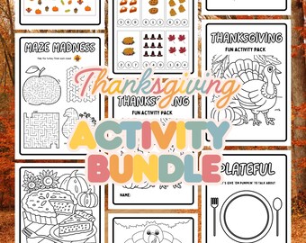 May include: Thanksgiving activity bundle with various black and white line art pages. Includes mazes, coloring pages, and counting exercises. The words "Thanksgiving Activity Bundle" are displayed in colorful letters.