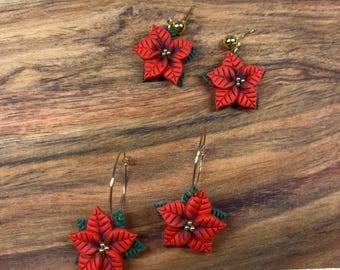 Poinsettia Flower Dangle Earrings, Christmas Holiday Jewelry