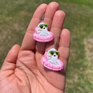 Summerween Ghost Earrings/ Funny Earrings/ Halloween Earrings/ Polymer Clay Ghost Earrings/ Pool Earrings