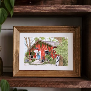 Ancien magasin d'antiquités • Impression d'art avec illustration à l'encre • Petits caractères au format carte postale 4x6"