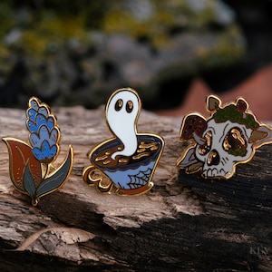 Mini Hard Enamel Pins - Skulls, Teacups, Flowers - Tastefully Spooky Collection | Board Filler Pins