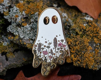 Garden Ghost Hard Enamel Pin - Tastefully Spooky Collection | Cute Kawaii Ghost Lapel Pin, Cottagecore Spooky Fall Gift, Wildflower Art