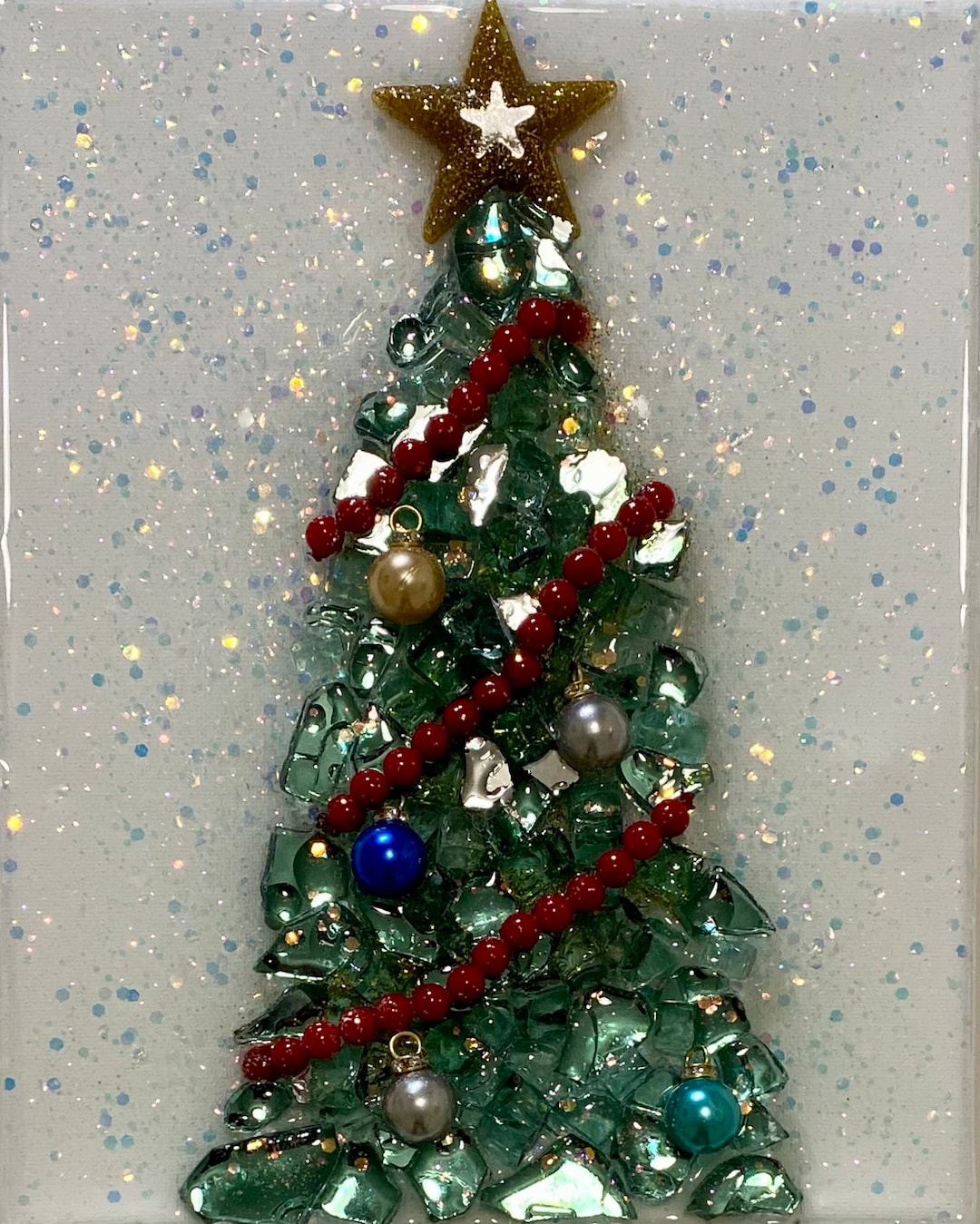 Christmas Tree, Resin on Canvas, Glass Crystals, 3D Painting, Home