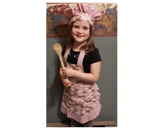Girls Pink apron and chef hat set, Cupcake print, Child's cupcake apron set, gift for girls