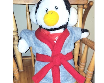 Fleece Teddy Bear Bathrobe: Grey Plush Robe with Red Trim