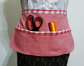 Red chambray Teacher apron with red gingham trim, daycare apron, utility apron, tool apron, vendor apron, gift for her