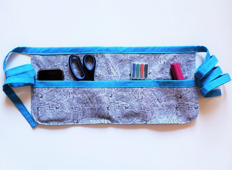 grey and turquoise apron Grey Newsprint Utility apron vendor apron gift for her teacher apron tool apron