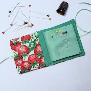 Needle book with pocket; strawberries needle holder; pocket needle organizer; gift for sewist