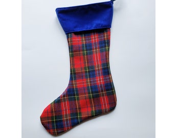 Red plaid Christmas stocking, Christmas stocking, Red Tartan stocking, Red and blue Xmas stocking