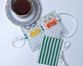 4-pocket Teabag wallet; striped fabric teabag pouch; green tea organizer; stocking stuffer
