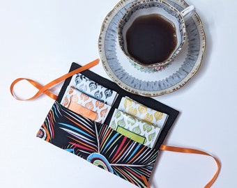 4-pocket Teabag wallet; feathers fabric teabag pouch; multicoloured tea organizer; stocking stuffer