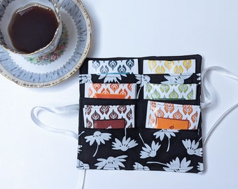 6-pocket Teabag wallet; floral fabric teabag pouch; black and white tea organizer; stocking stuffer