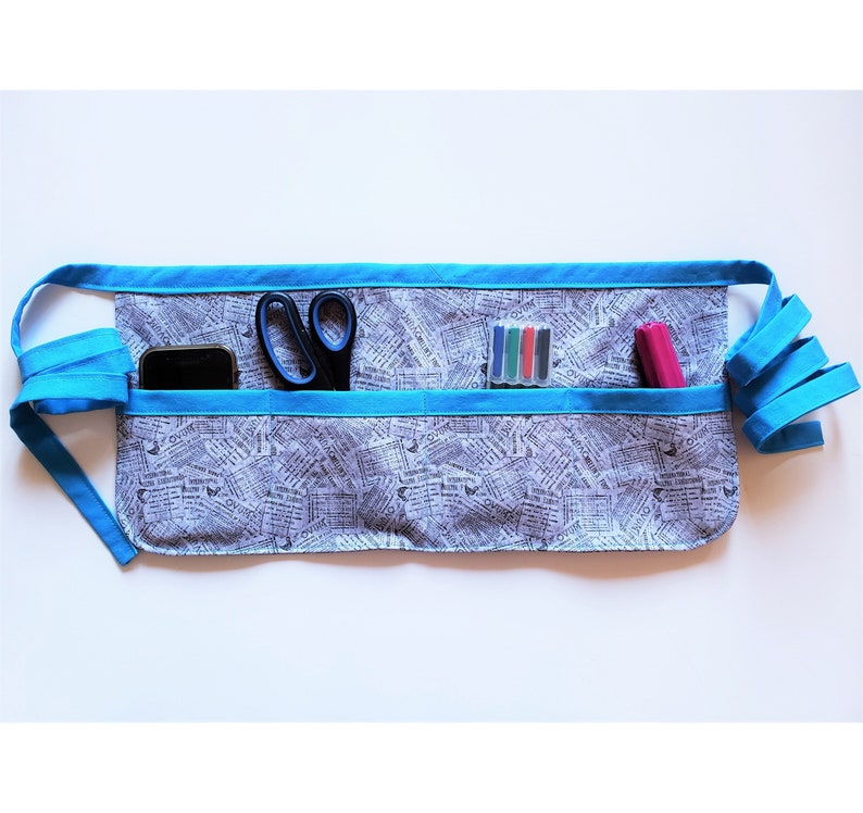 grey and turquoise apron Grey Newsprint Utility apron vendor apron gift for her teacher apron tool apron