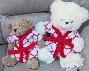 Teddy Bear Fleece Bathrobe: Red & White Plush Housecoat, Fits 15-18" Bears