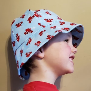 May include: A light blue bucket hat with a red crab pattern. The hat is worn by a child with short brown hair.